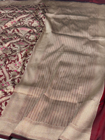 Wine Banarasi Pure Katan Silk Brocade Saree with Meenakari Work