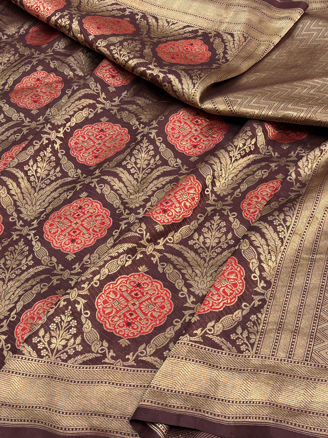 Brown Banarasi Pure Katan Silk Brocade Saree with Red Meenakari Work