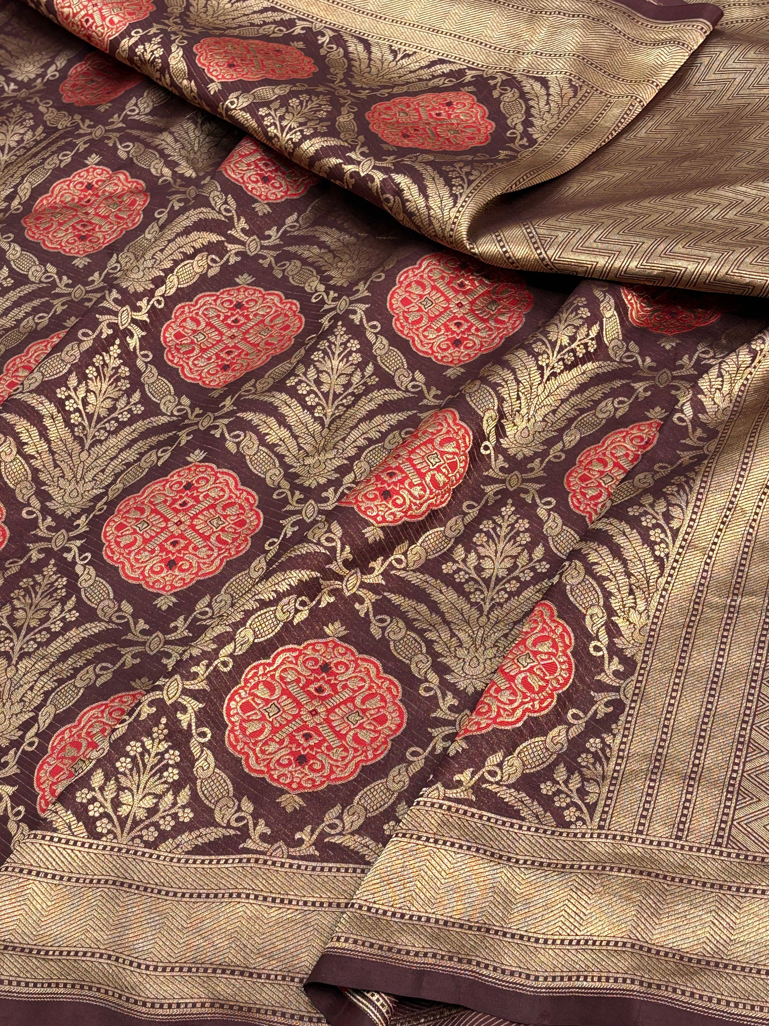Brown Banarasi Pure Katan Silk Brocade Saree with Red Meenakari Work
