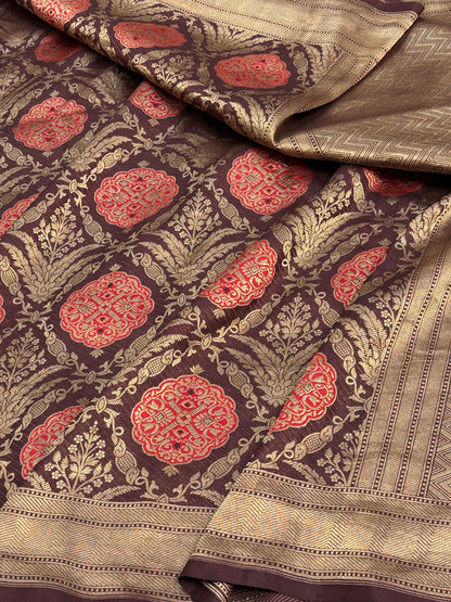 Brown Banarasi Pure Katan Silk Brocade Saree with Red Meenakari Work