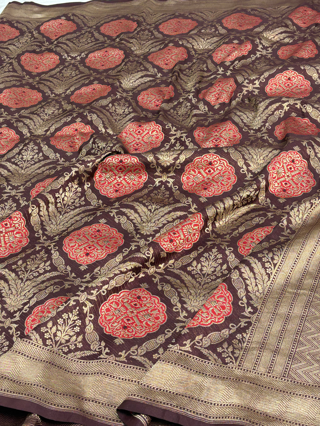 Brown Banarasi Pure Katan Silk Brocade Saree with Red Meenakari Work