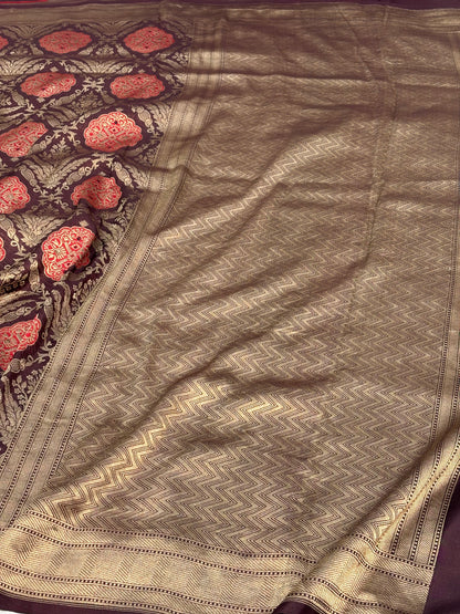 Brown Banarasi Pure Katan Silk Brocade Saree with Red Meenakari Work