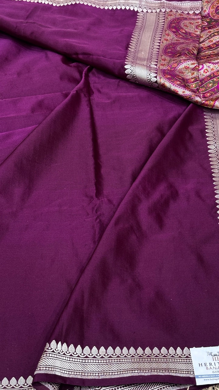 Wine Pure Satin Silk Jamawar Handwoven Banarasi Saree