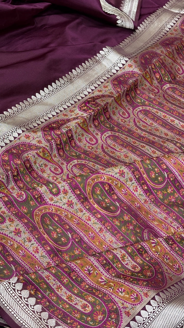 Wine Pure Satin Silk Jamawar Handwoven Banarasi Saree