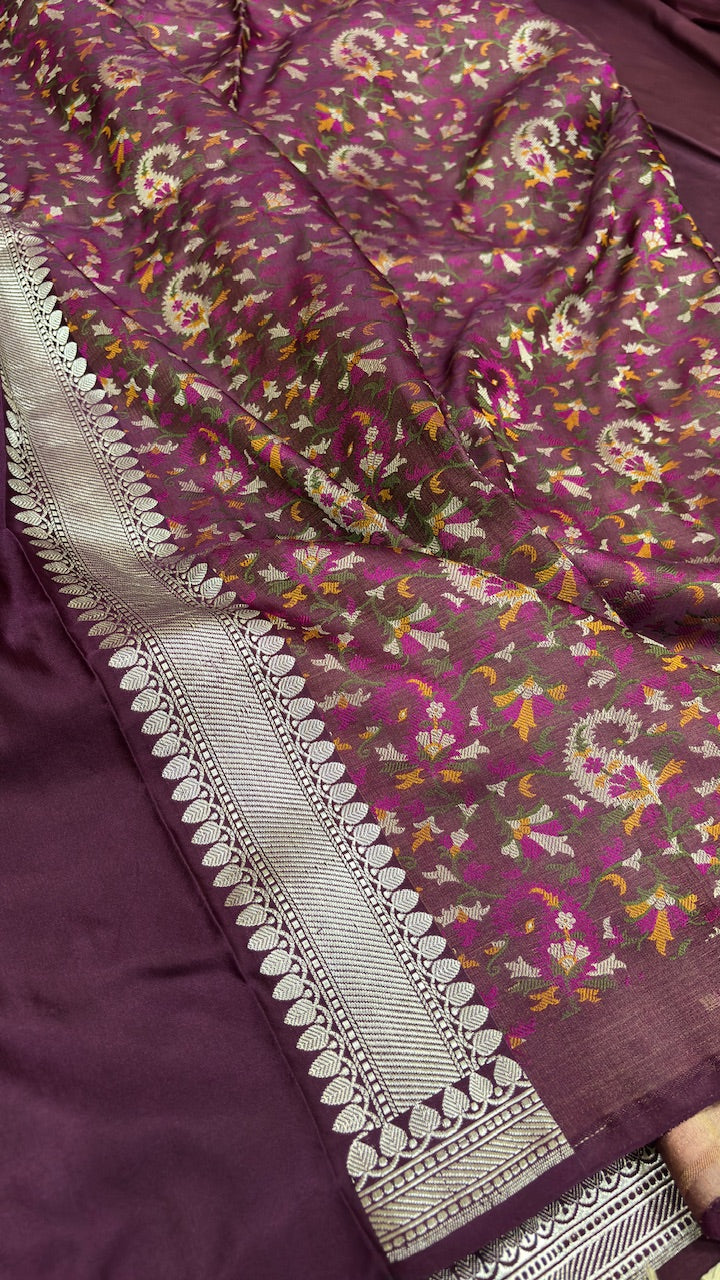 Wine Pure Satin Silk Jamawar Handwoven Banarasi Saree