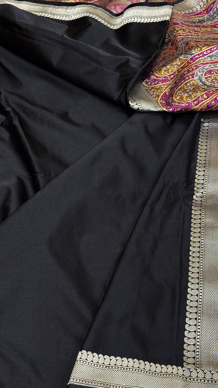 Black Pure Satin Silk Jamawar Handwoven Banarasi Saree