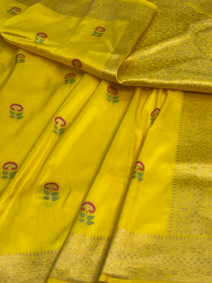Yellow Tanchui Banarasi Saree with Araj Meenakari Motifs