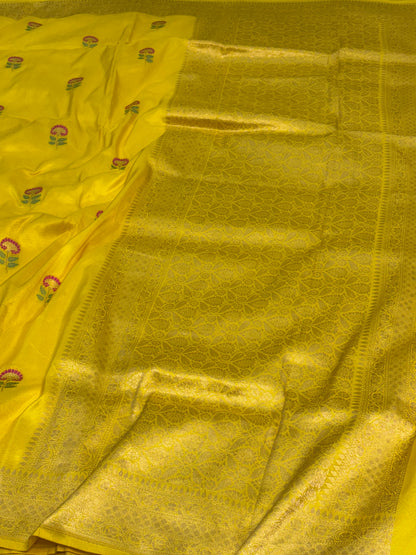Yellow Tanchui Banarasi Saree with Araj Meenakari Motifs