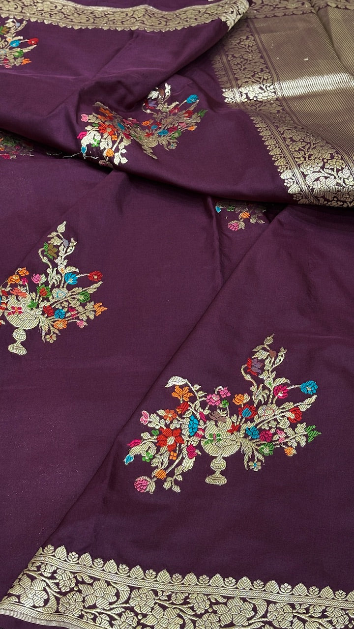Wine Banarasi Katan Silk Handwoven Saree