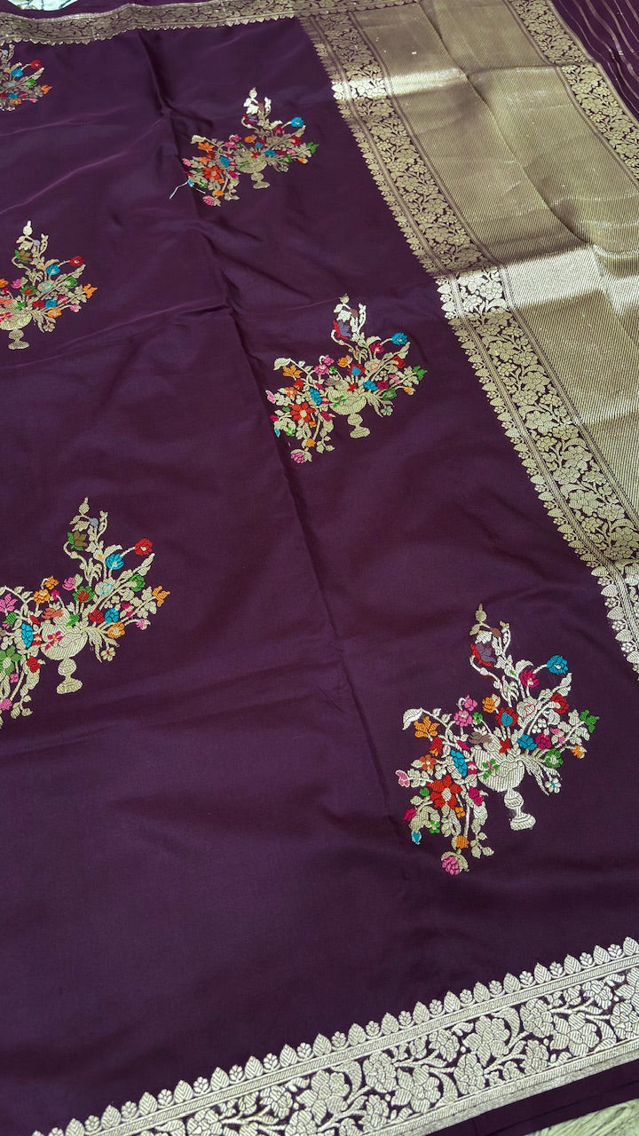 Wine Banarasi Katan Silk Handwoven Saree