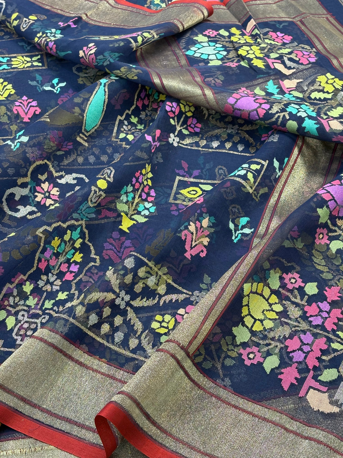 Midnight Blue Banarasi kora Handwoven Saree with Real Zari