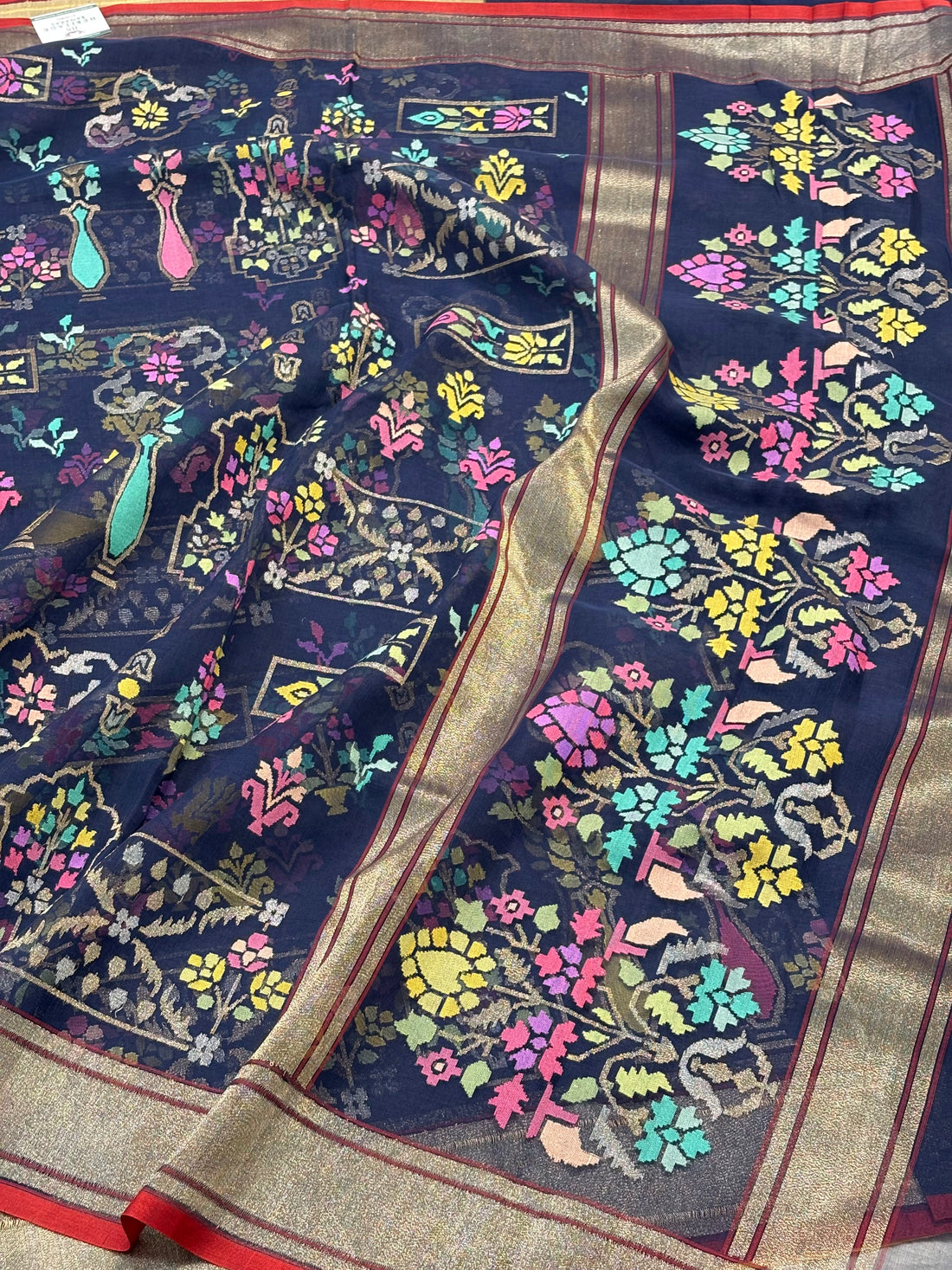 Midnight Blue Banarasi kora Handwoven Saree with Real Zari