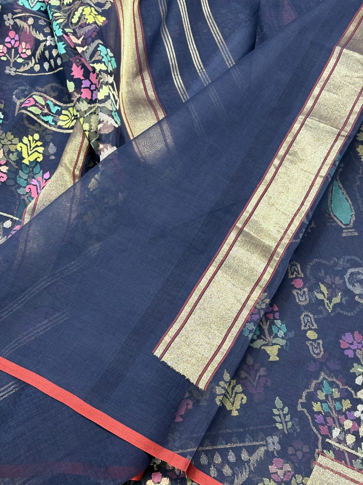 Midnight Blue Banarasi kora Handwoven Saree with Real Zari