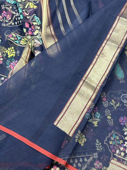 Midnight Blue Banarasi kora Handwoven Saree with Real Zari
