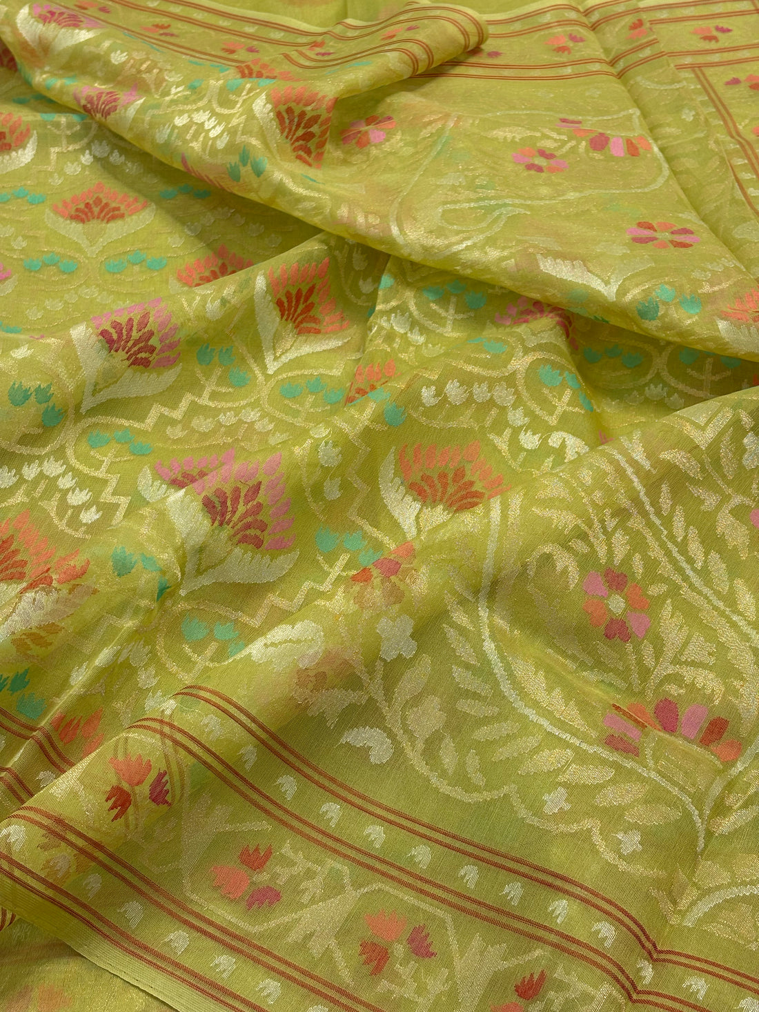 Lime Green Banarasi kora Handwoven Saree with Real Zari