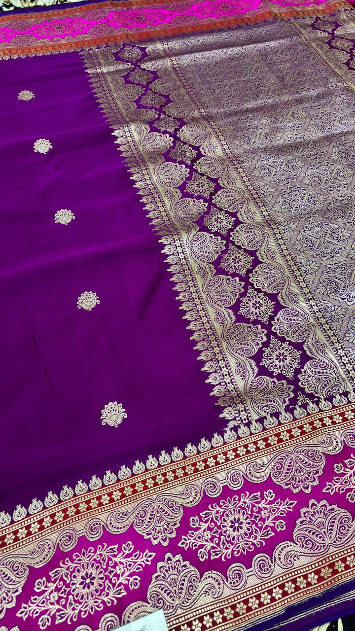 Purple Pure Satin Silk Handwoven Banarasi Saree