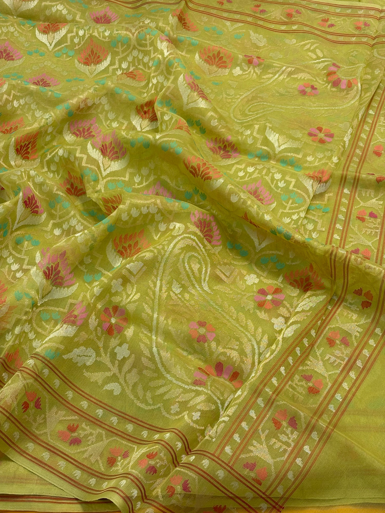 Lime Green Banarasi kora Handwoven Saree with Real Zari