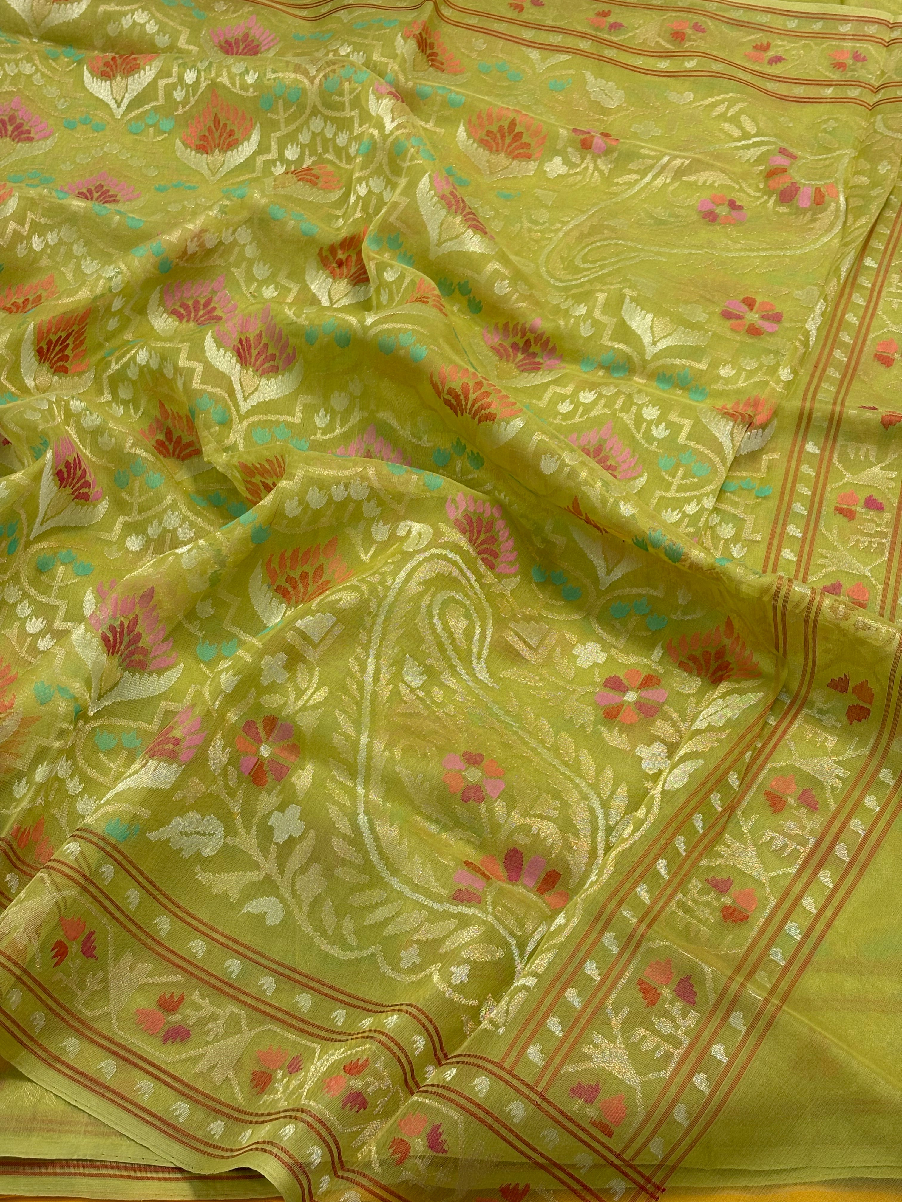 Lime Green Banarasi kora Handwoven Saree with Real Zari