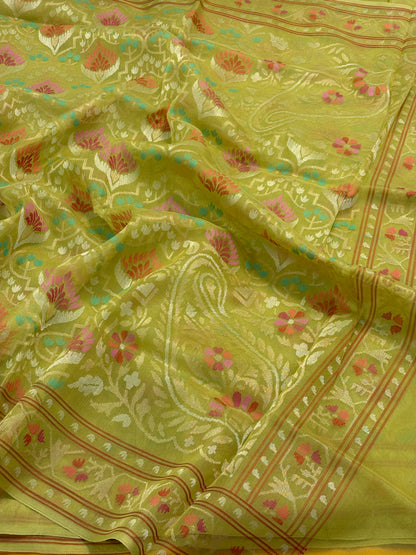Lime Green Banarasi kora Handwoven Saree with Real Zari