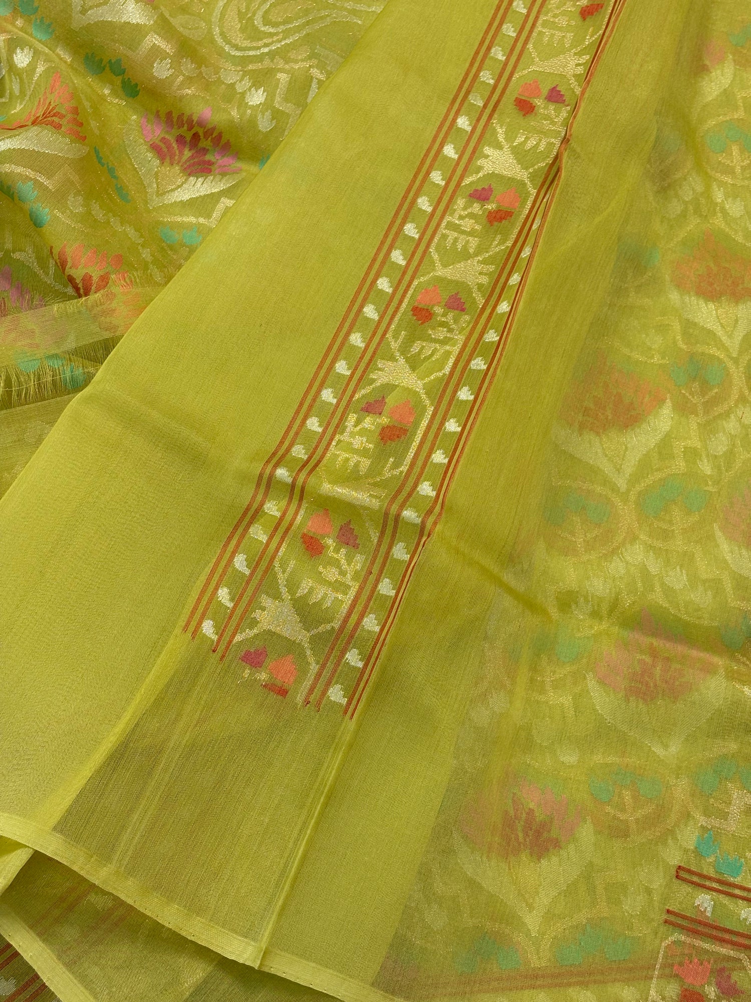Lime Green Banarasi kora Handwoven Saree with Real Zari