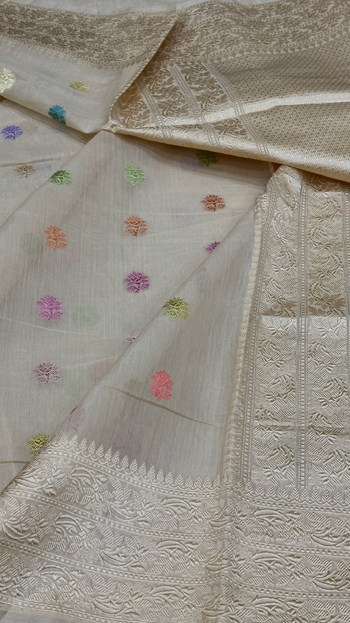 Ivory Pure Banarasi Kora cotton Jamdani handloom Saree