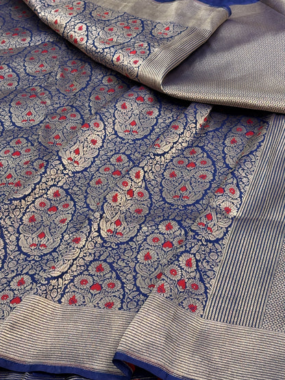 Blue Banarasi Pure Katan Silk Brocade Saree with Meenakari Buta Weaving