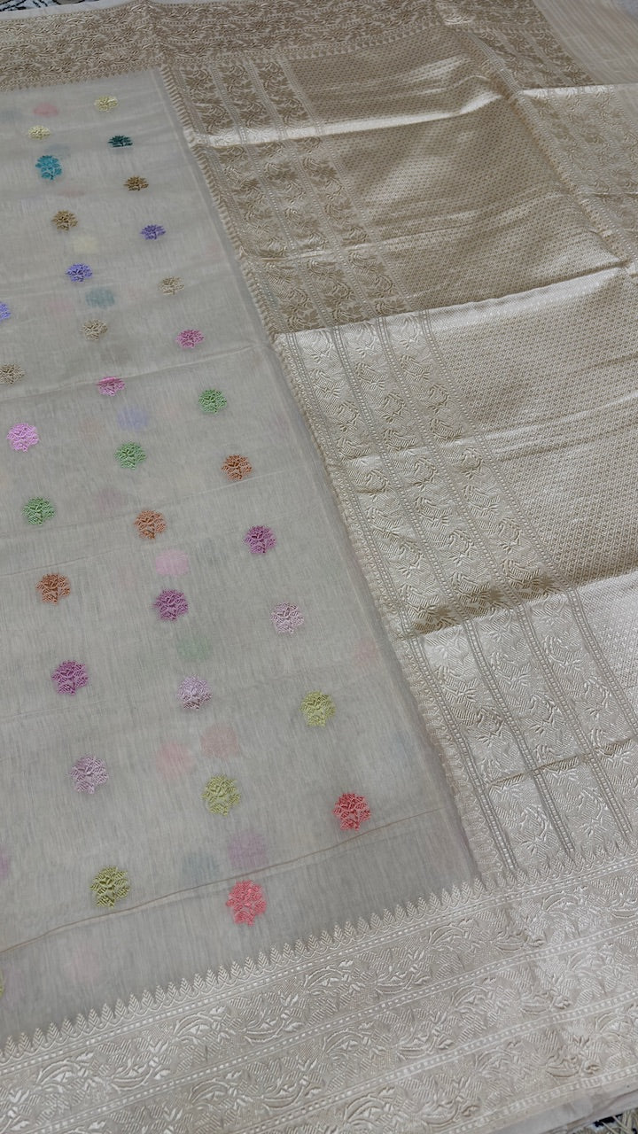 Ivory Pure Banarasi Kora cotton Jamdani handloom Saree