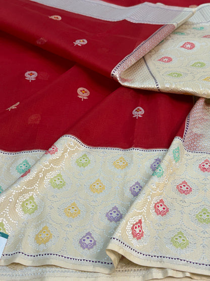 Red Handwoven Pure Banarasi Kora Silk Saree