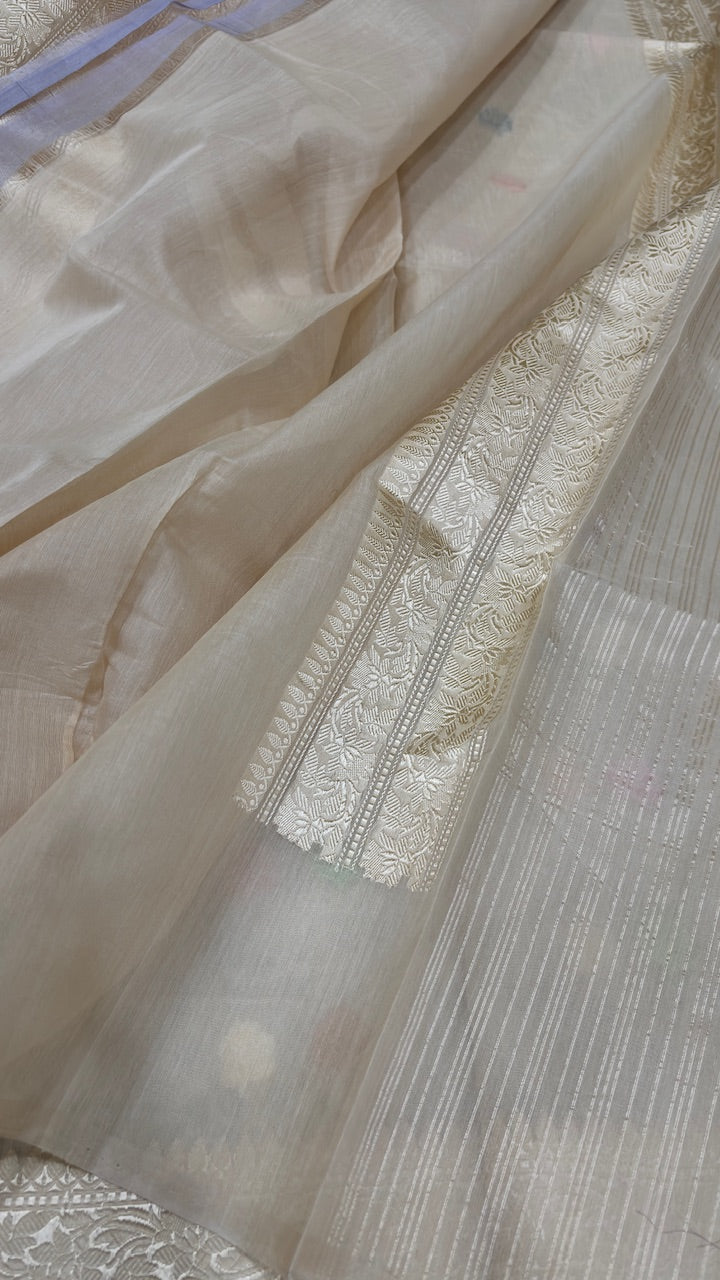 Ivory Pure Banarasi Kora cotton Jamdani handloom Saree