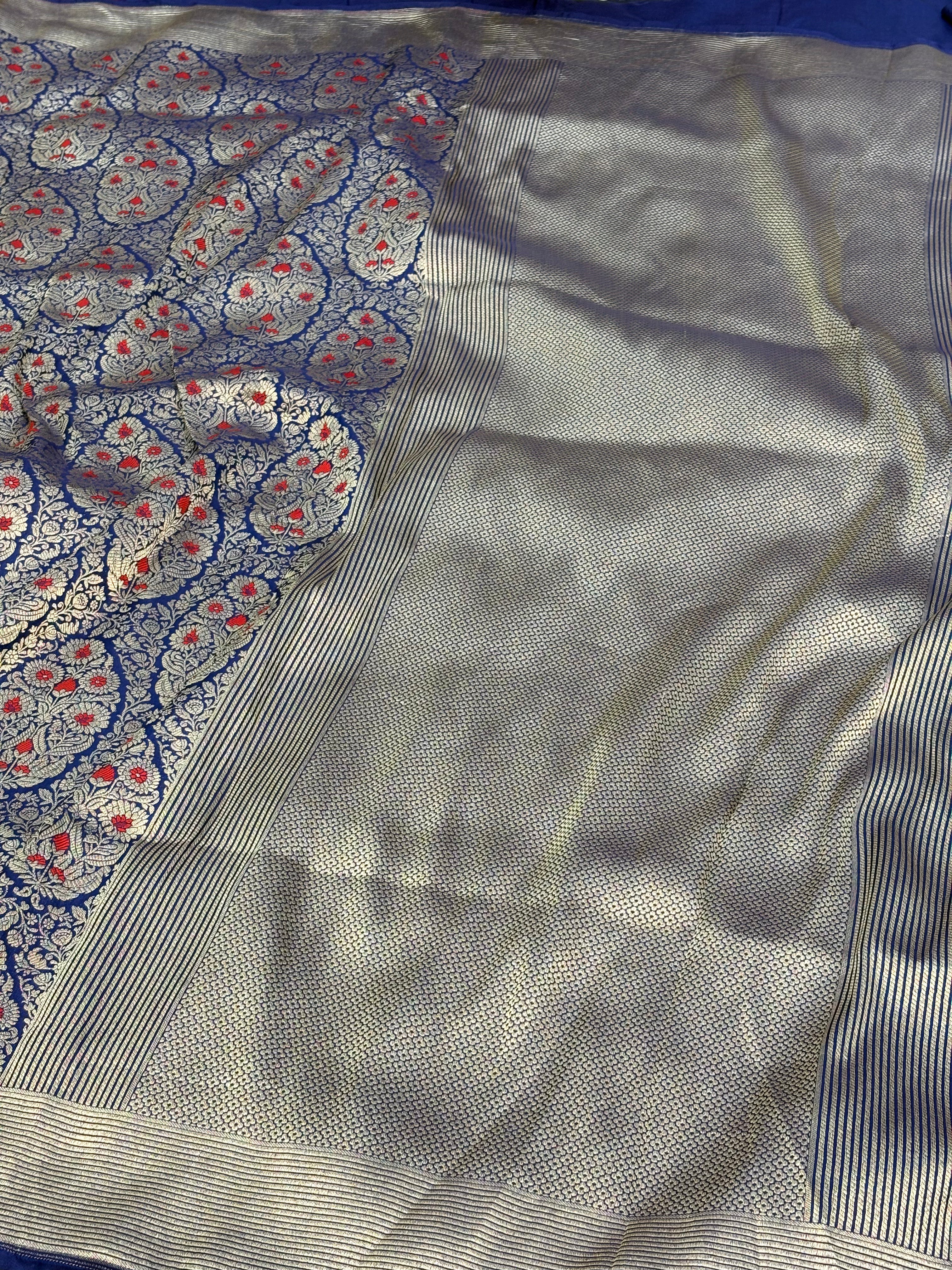 Blue Banarasi Pure Katan Silk Brocade Saree with Meenakari Buta Weaving