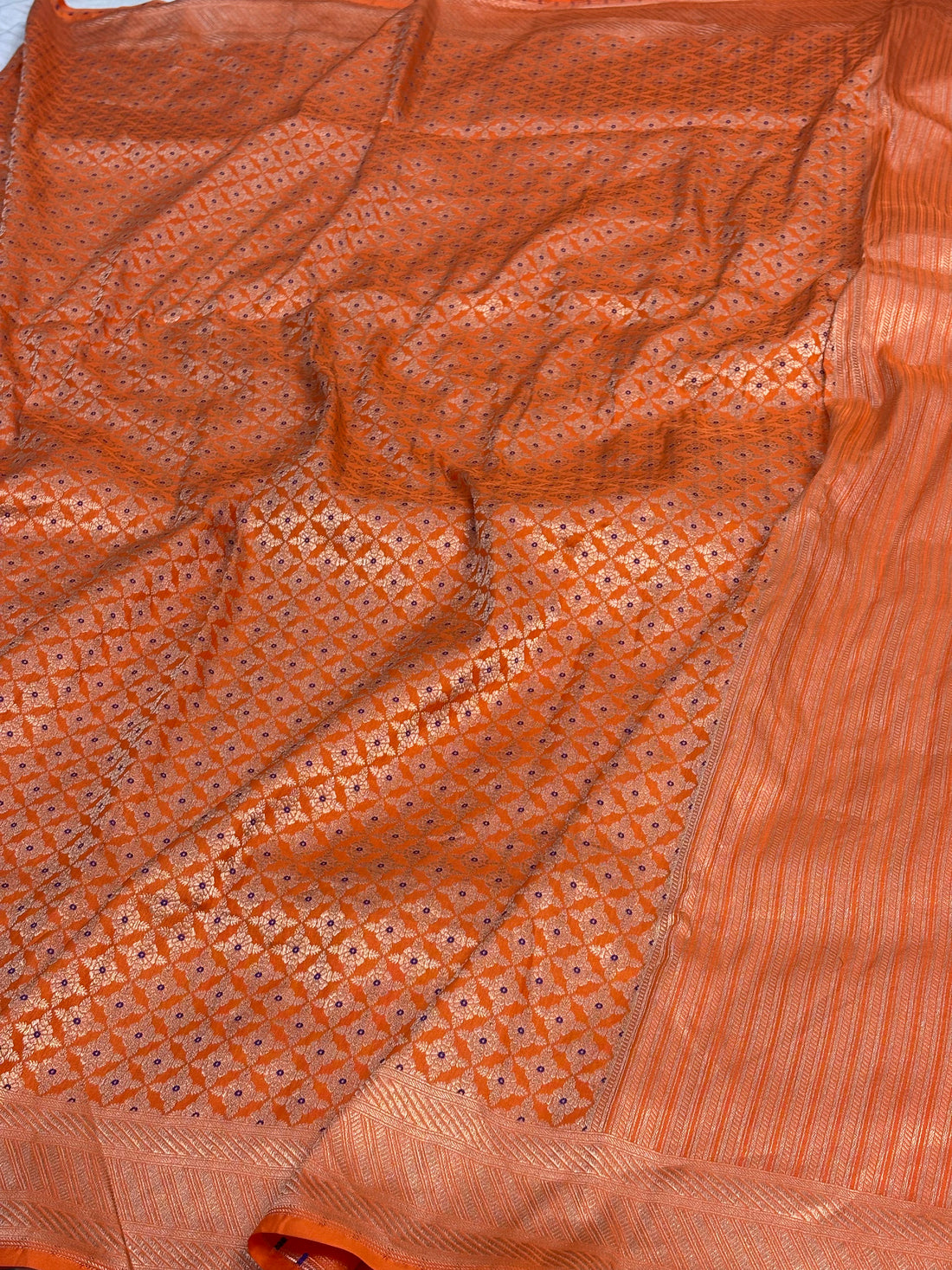 Orange Banarasi Pure Katan Silk Brocade Saree with Meenakari Buta Weaving
