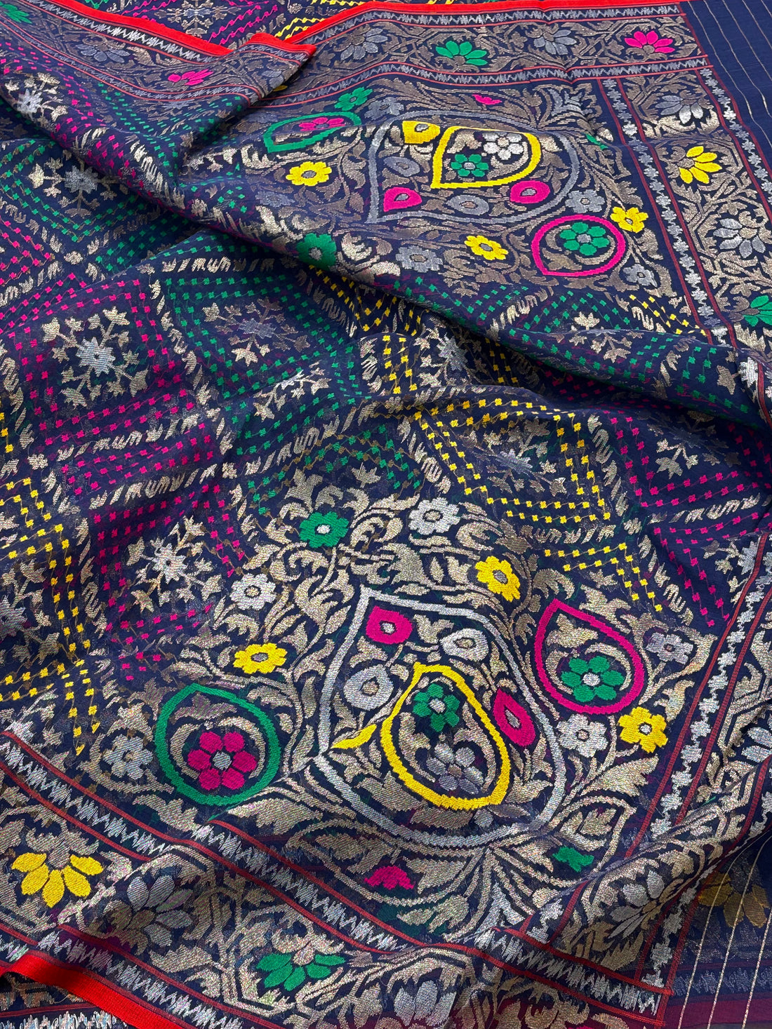 Navy Blue Banarasi kora Handwoven Saree with Real Zari