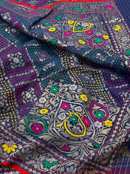 Navy Blue Banarasi kora Handwoven Saree with Real Zari