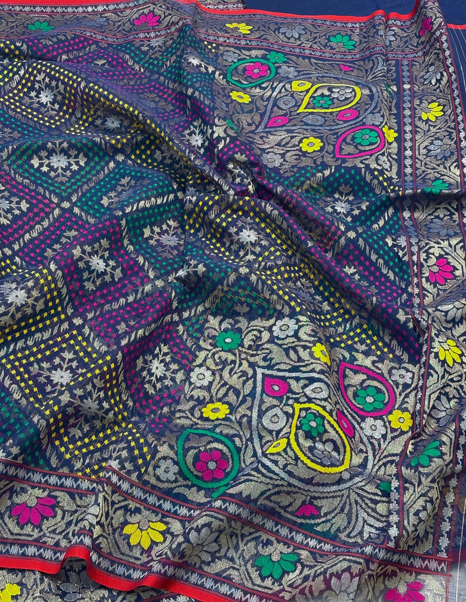 Navy Blue Banarasi kora Handwoven Saree with Real Zari