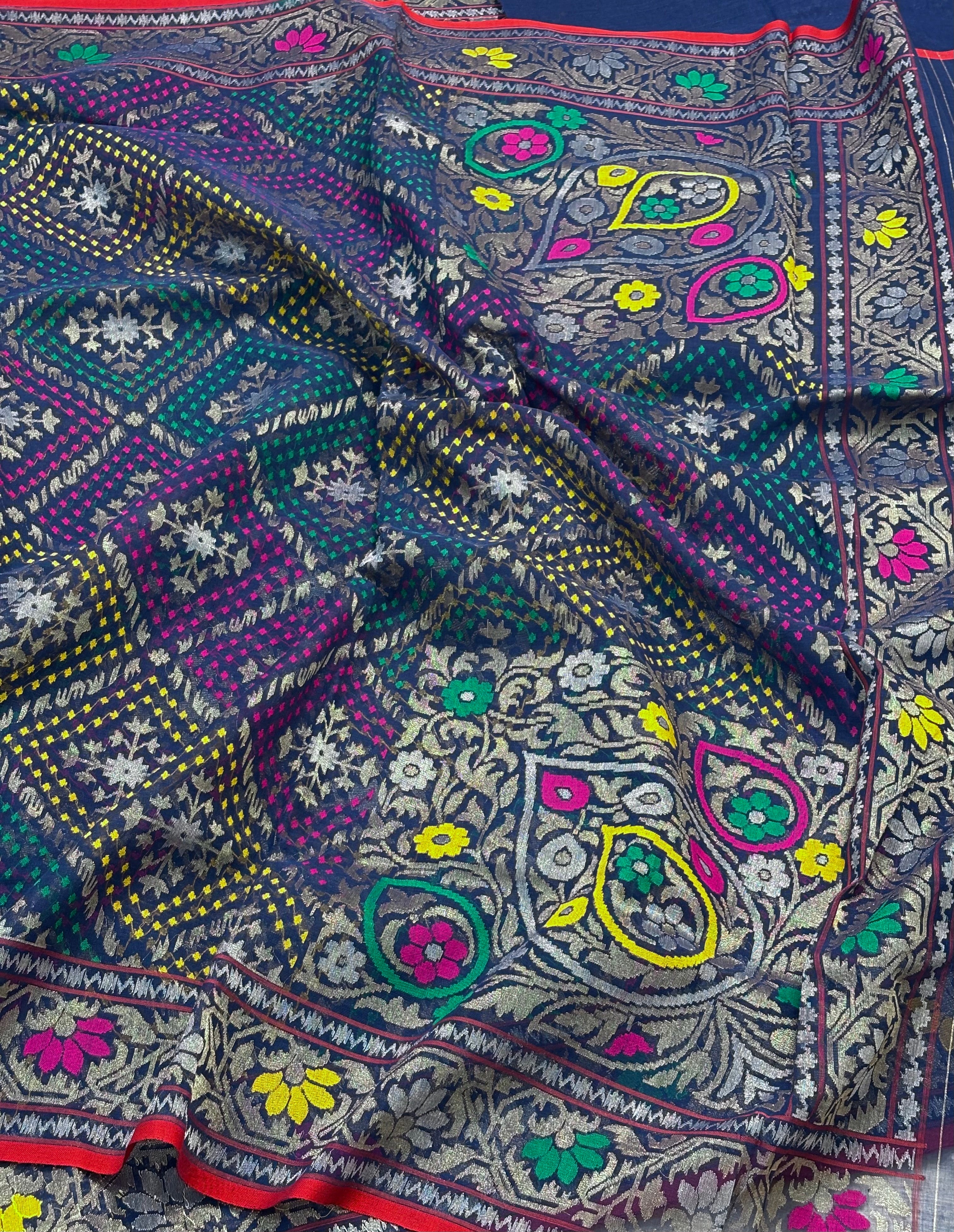 Navy Blue Banarasi kora Handwoven Saree with Real Zari