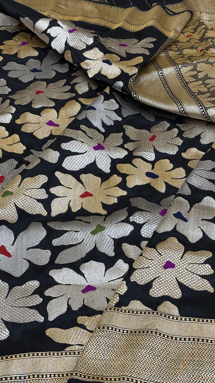 Black Modern Concept Banarasi Katan Silk Handwoven Saree