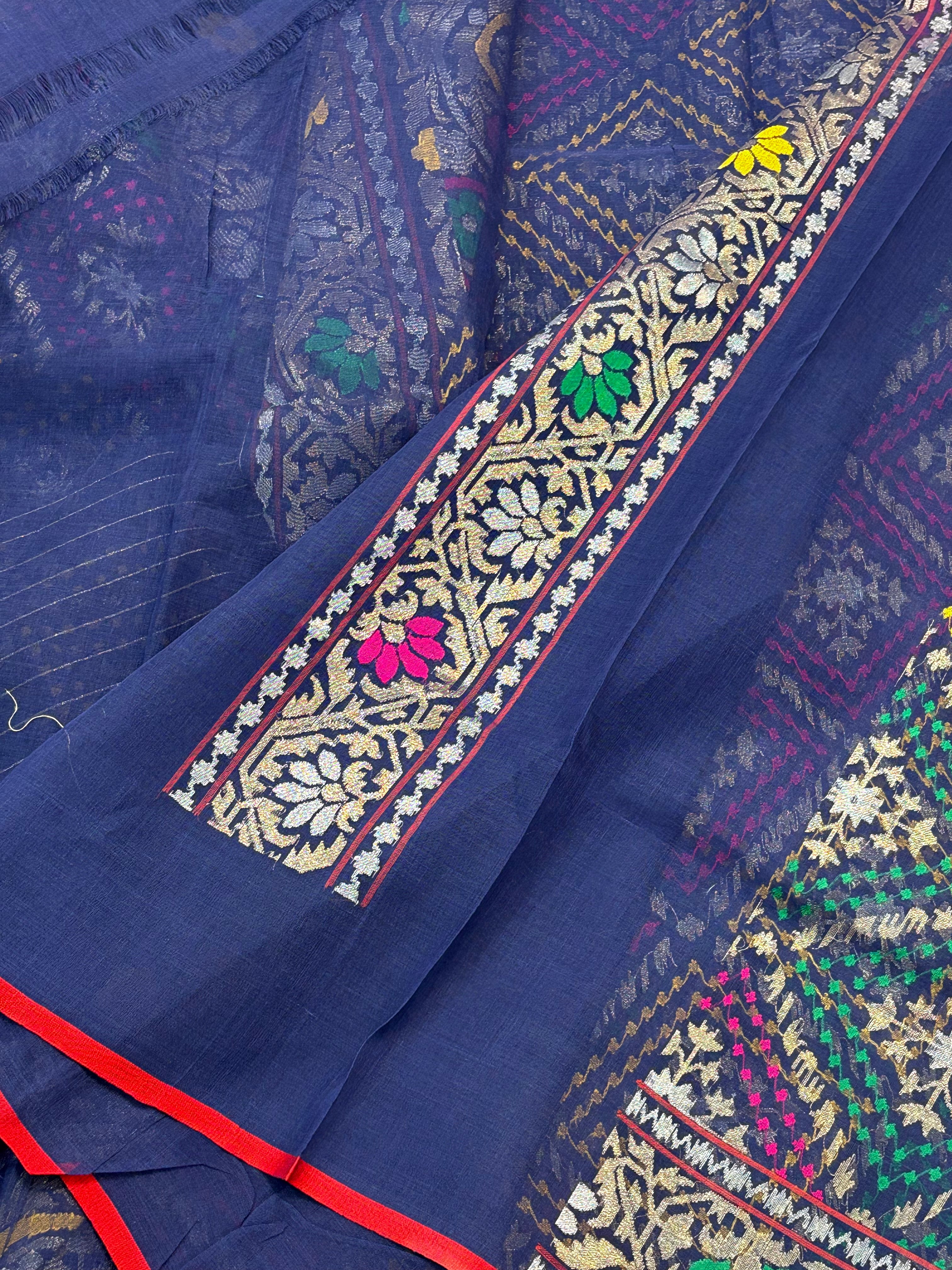 Navy Blue Banarasi kora Handwoven Saree with Real Zari