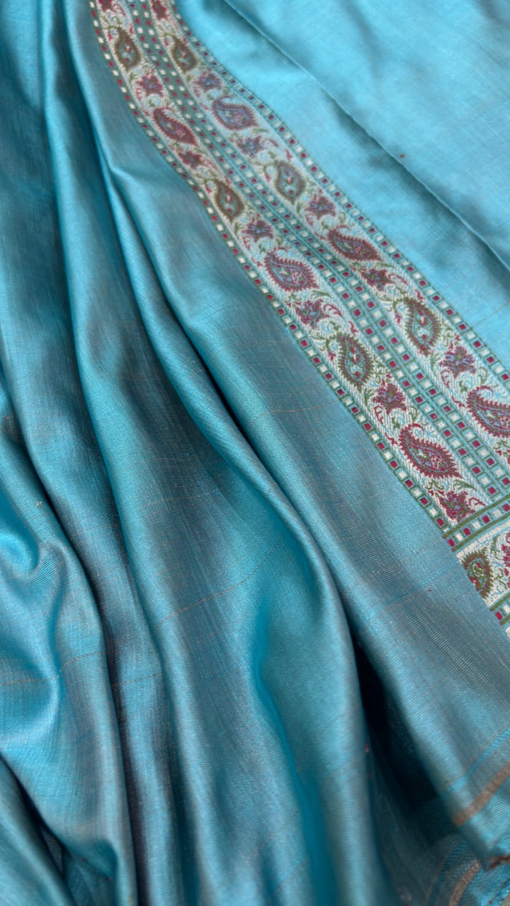 Blue Pure Satin Silk Jamawar Handwoven Banarasi Saree
