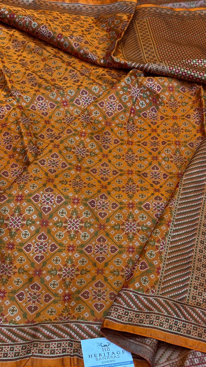 Mustard Orange Pure Satin Silk Jamawar Handwoven Banarasi Saree