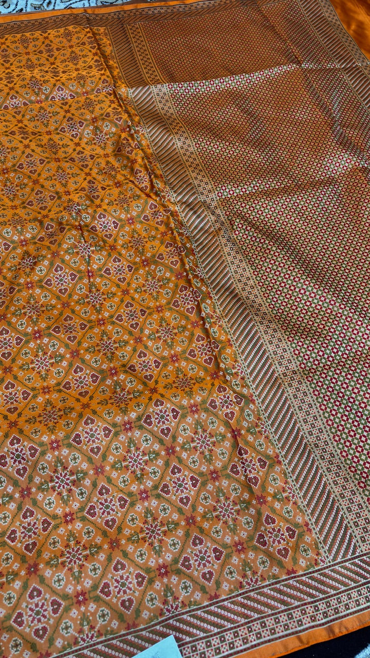 Mustard Orange Pure Satin Silk Jamawar Handwoven Banarasi Saree