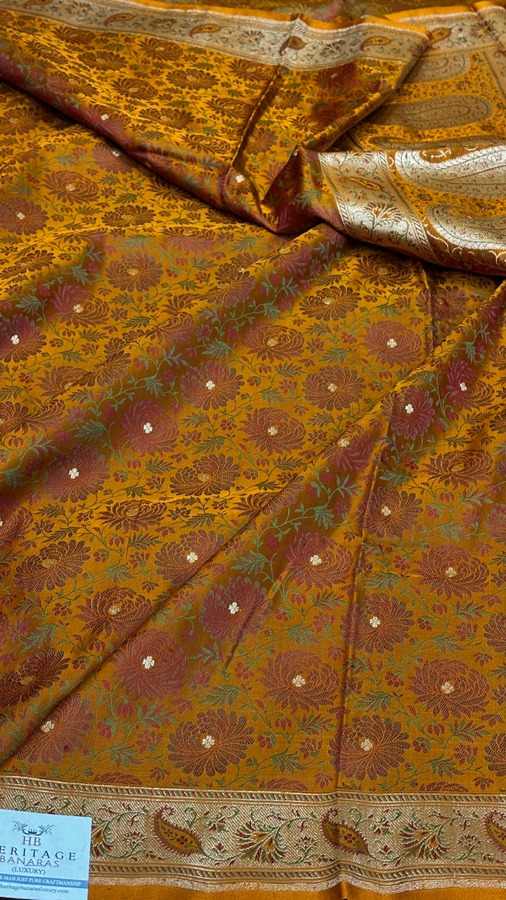 Mustard Orange Pure Satin Silk Jamawar Handwoven Banarasi Saree