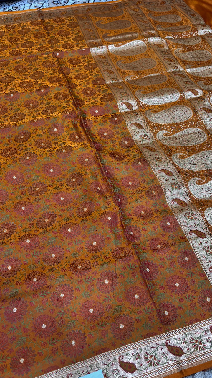 Mustard Orange Pure Satin Silk Jamawar Handwoven Banarasi Saree