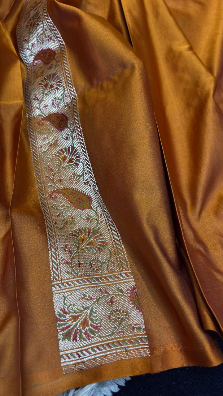 Mustard Orange Pure Satin Silk Jamawar Handwoven Banarasi Saree