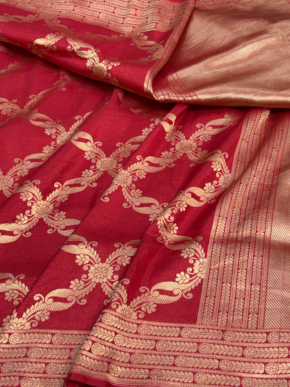 Modern Banarasi Red Pure Katan Silk Jaal Saree