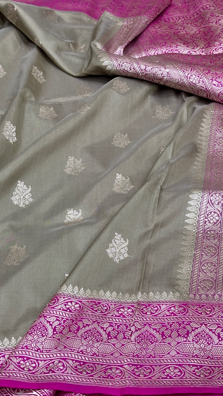 Sage Grey Banarasi Katan Silk Handwoven Saree