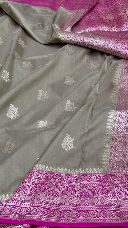 Sage Grey Banarasi Katan Silk Handwoven Saree