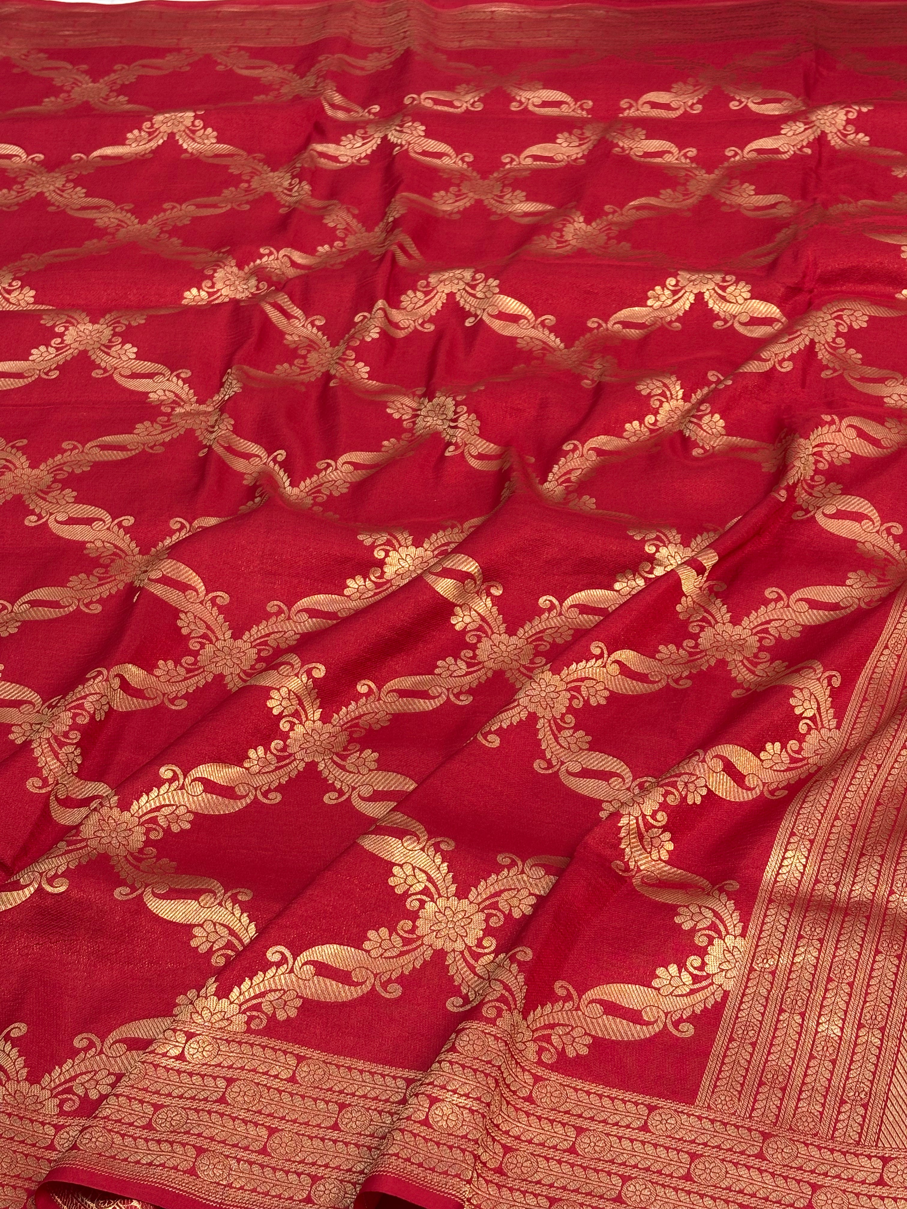 Modern Banarasi Red Pure Katan Silk Jaal Saree