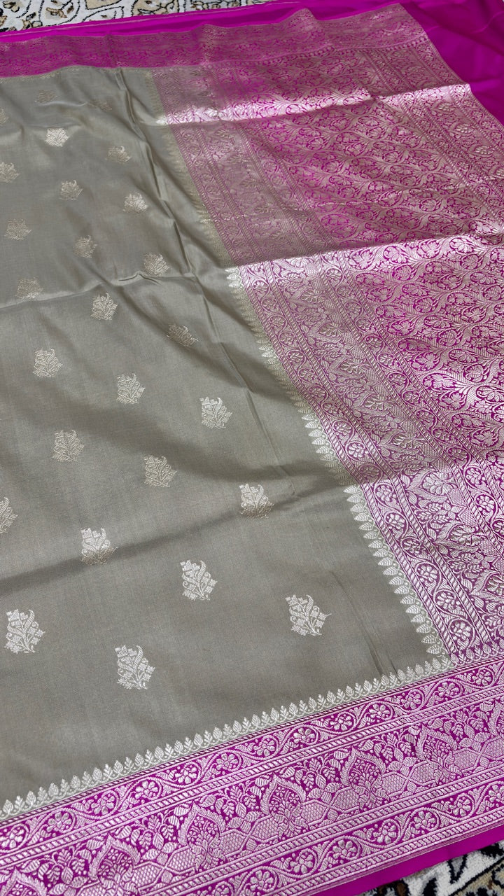 Sage Grey Banarasi Katan Silk Handwoven Saree