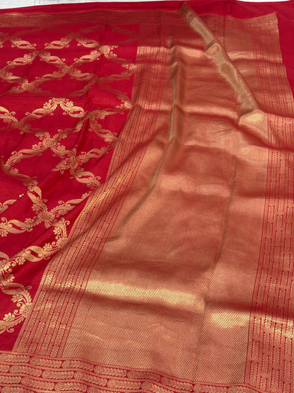Modern Banarasi Red Pure Katan Silk Jaal Saree