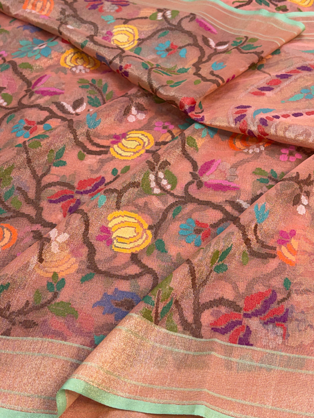 Peach Handwoven Real Zari Exclusive Tissue Jamdani Saree